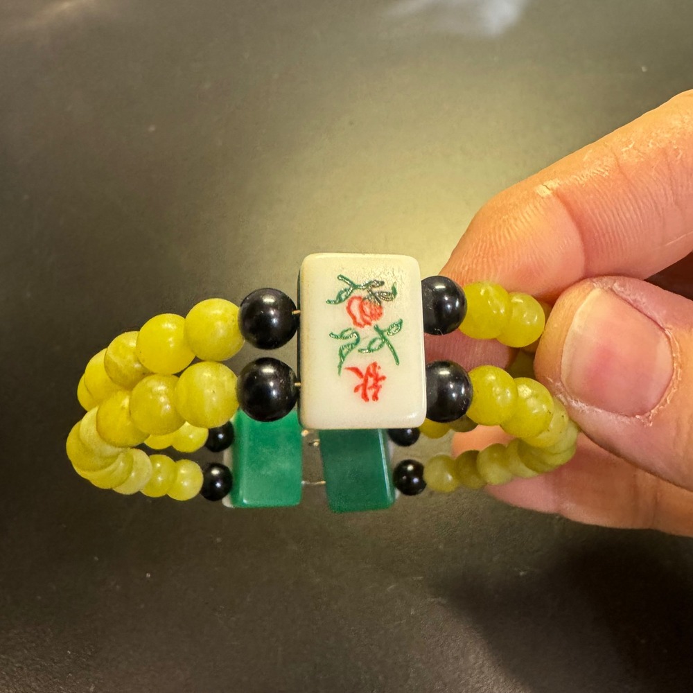 Mahjong Tile Beaded Bracelet Womens One Size Green Yellow Kitschy Retro